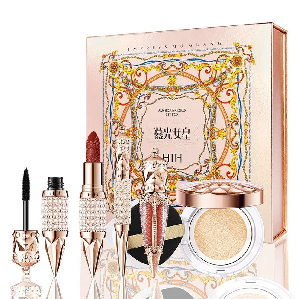 Women's Muguang Queen complete makeup set with lip glaze, lipstick, air cushion BB cream, eyeliner pencil, and mascara