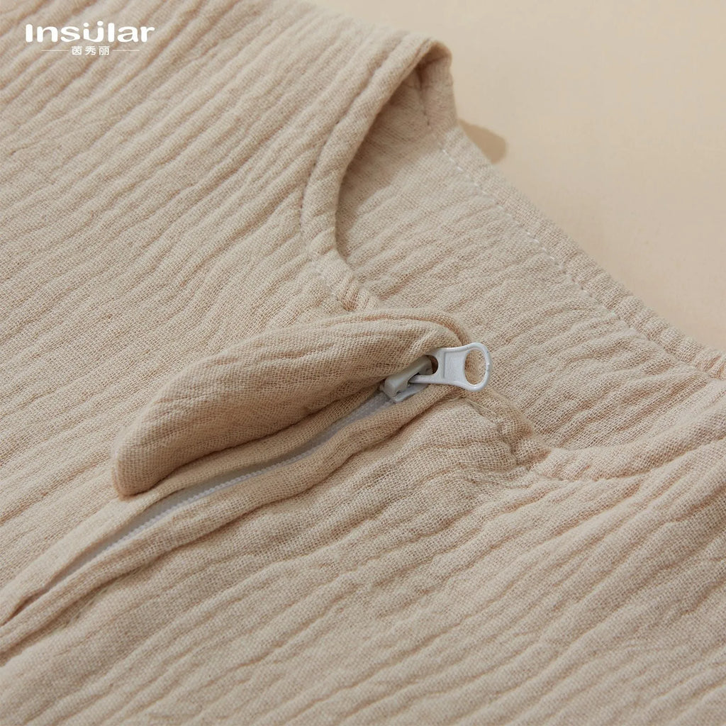Baby sleeveless gauze sleeping bag in khaki with pure cotton lining, 70cm length for 0-18 months