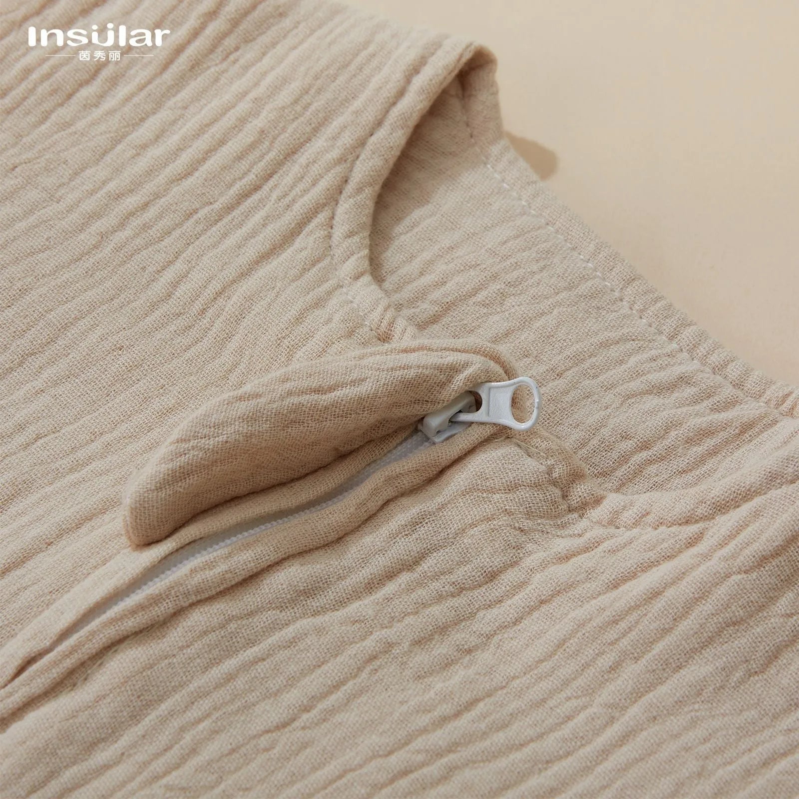 Baby sleeveless gauze sleeping bag in khaki with pure cotton lining, 70cm length for 0-18 months