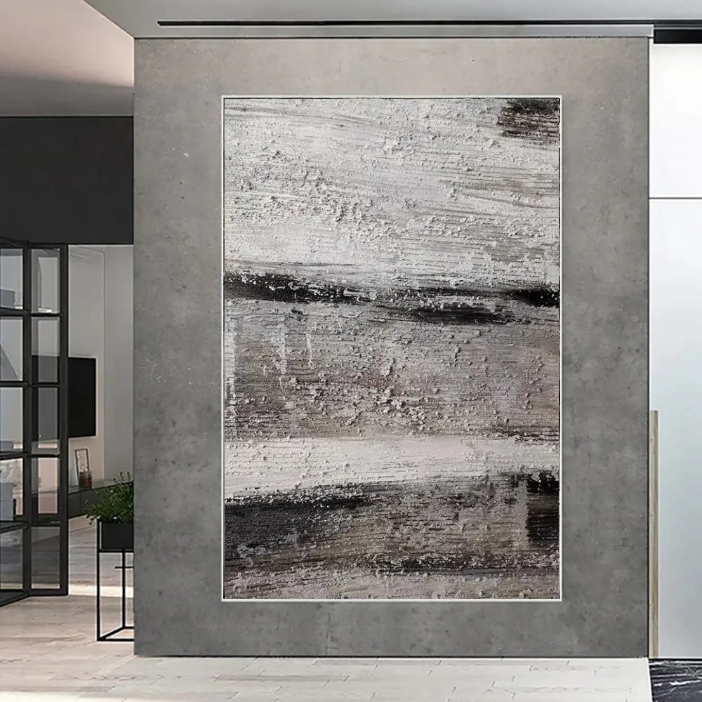 Handmade abstract oil painting on canvas, grey colours with texture, frameless and rolled, suitable for living room wall decor.