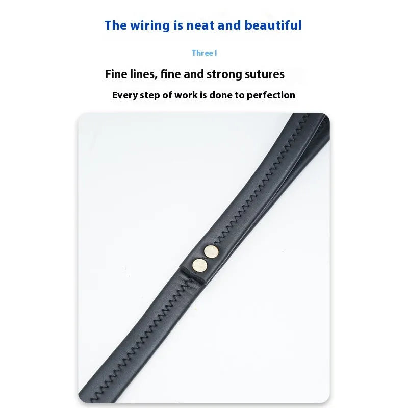 Black PU leather dog traction belt showing length measurement options for secure canine control