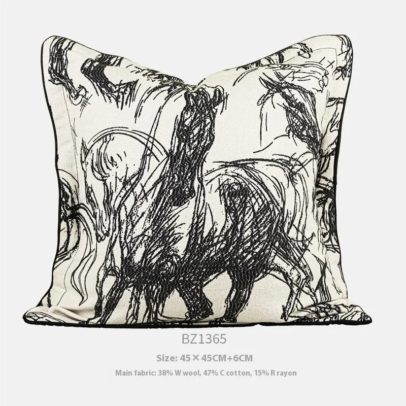 Abstract golden horse design decorative jacquard cushion on a grey sofa.
