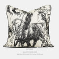 Abstract golden horse design decorative jacquard cushion on a grey sofa.