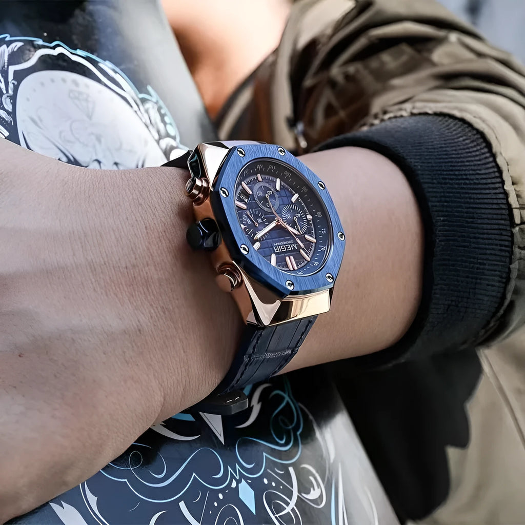Men's waterproof quartz watch with 13mm thickness showing blue strap and steel strap options