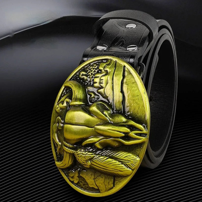Men's brown imitation leather belt with a detailed silver alloy cow head buckle and pin fastener.