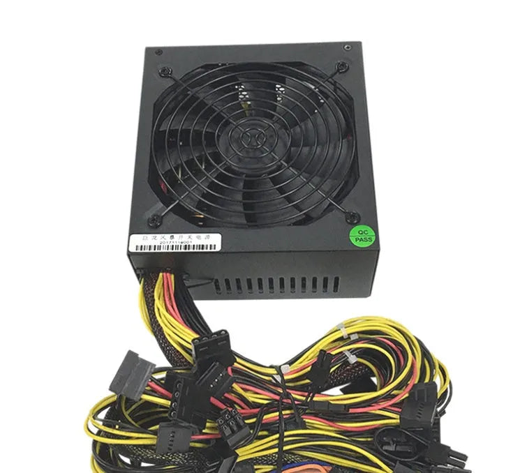 Black high-wattage computer server power supply unit with multiple cable connectors.