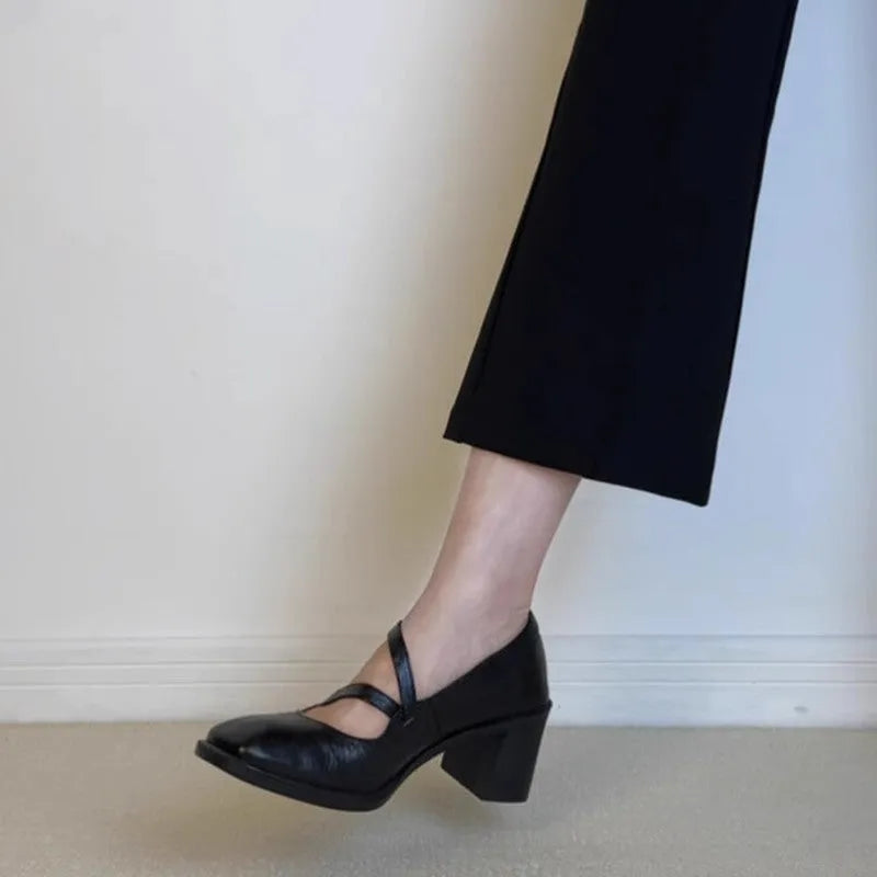Square toe Mary Jane shoes for women black chunky heel low-cut cowhide leather