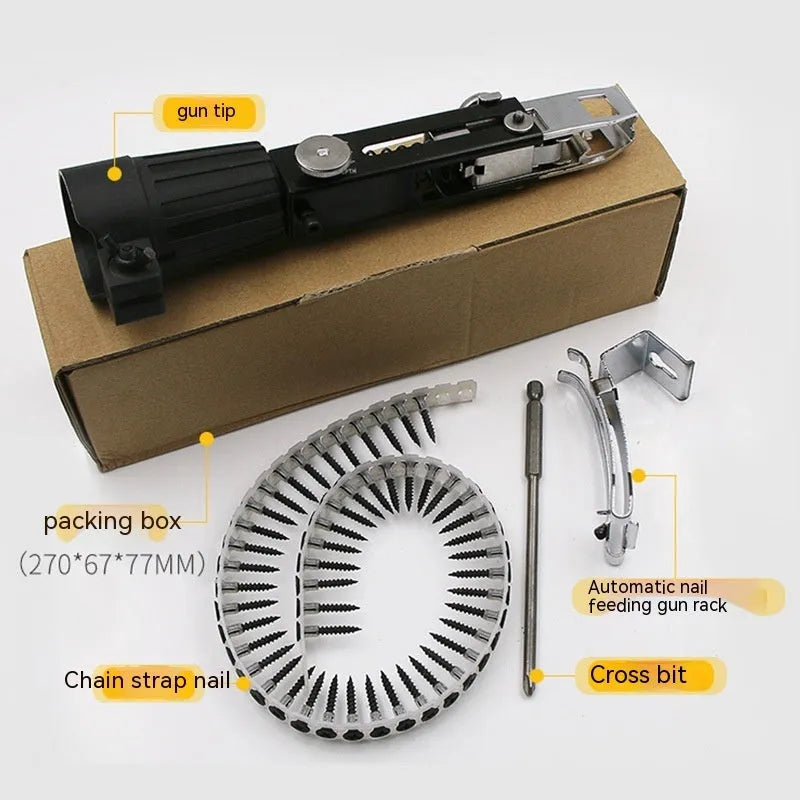 Chain screw gun head automatic nail gun attachment with chain band and cross head on a gun rack.