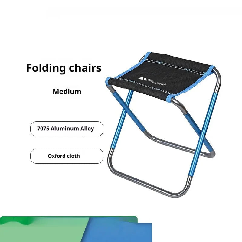 Black folding camping stool with an aluminium alloy frame, shown in a folded and unfolded state.