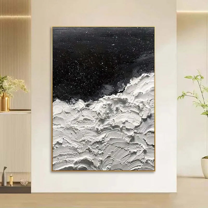Hand-painted abstract oil painting on canvas with black and white ocean and stars design, modern seascape wall art, rolled frameless, 60x90cm size