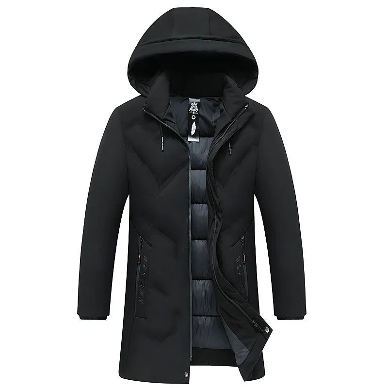 Thickened mid-length cotton-polyester men's jacket, loose fit, zipper pockets, black or gray