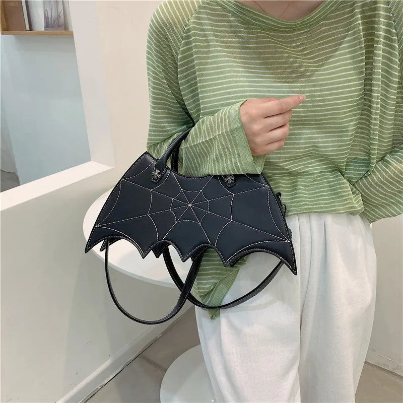 Black PU spider web shape messenger crossbody bag with embroidery and three shoulder straps