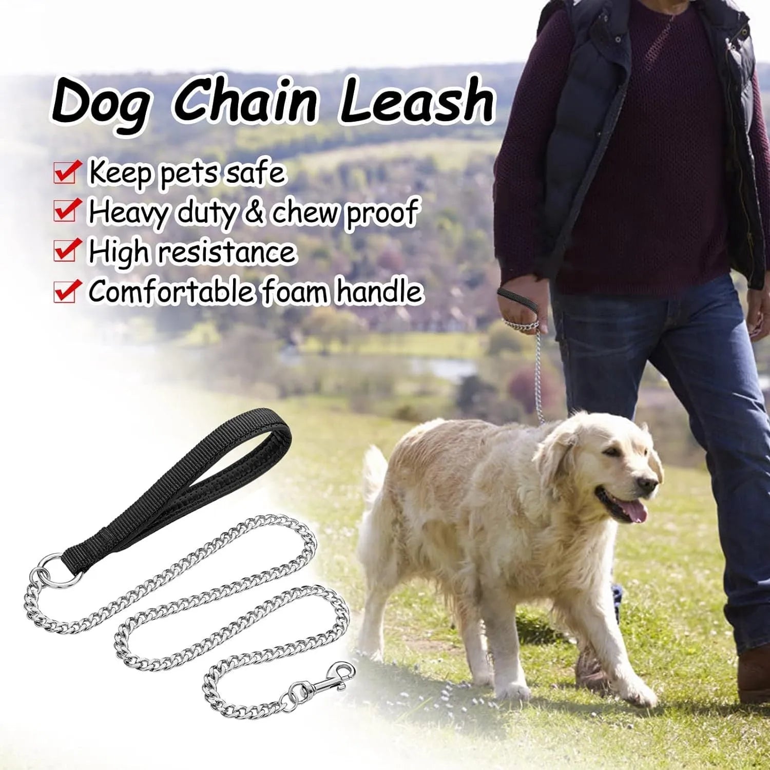 Heavy duty black metal dog chain leash with a soft blue padded handle.
