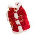 Red brocade pet vest with Chinese knot buttons and faux fur trim for Lunar New Year