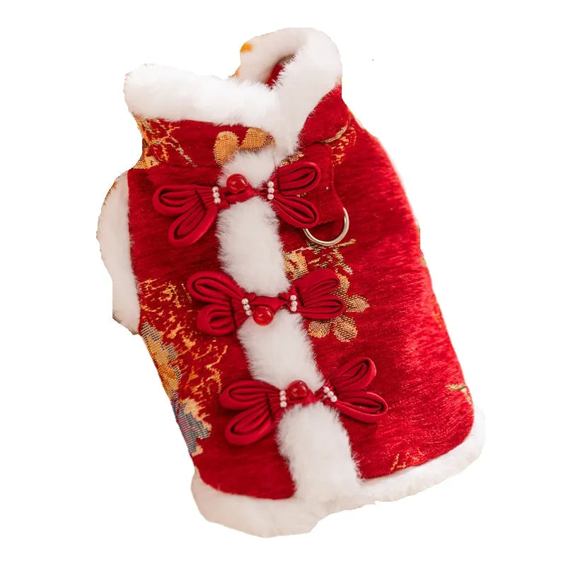 Red brocade pet vest with Chinese knot buttons and faux fur trim for Lunar New Year