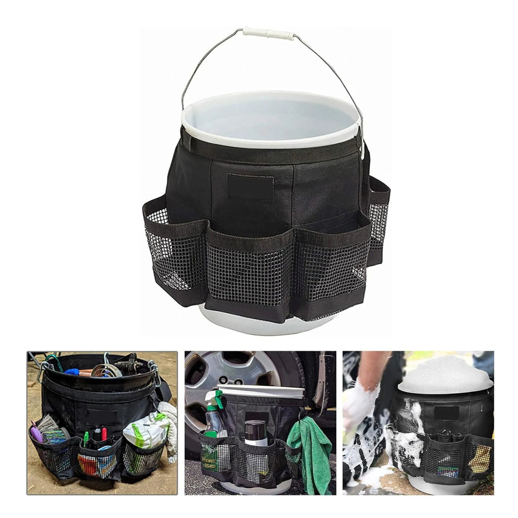 Black cylindrical polyester hanging storage bag designed for a US 5 gallon barrel.