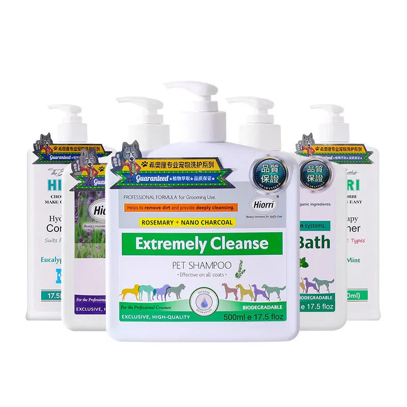 Five 500ml bottles of pet shower gel and conditioner set including lavender cat wash and dog formulas