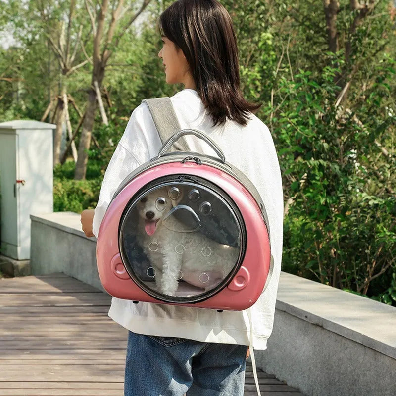 Transparent space capsule pet carrier bag in PC canvas with metallic front shell cover options