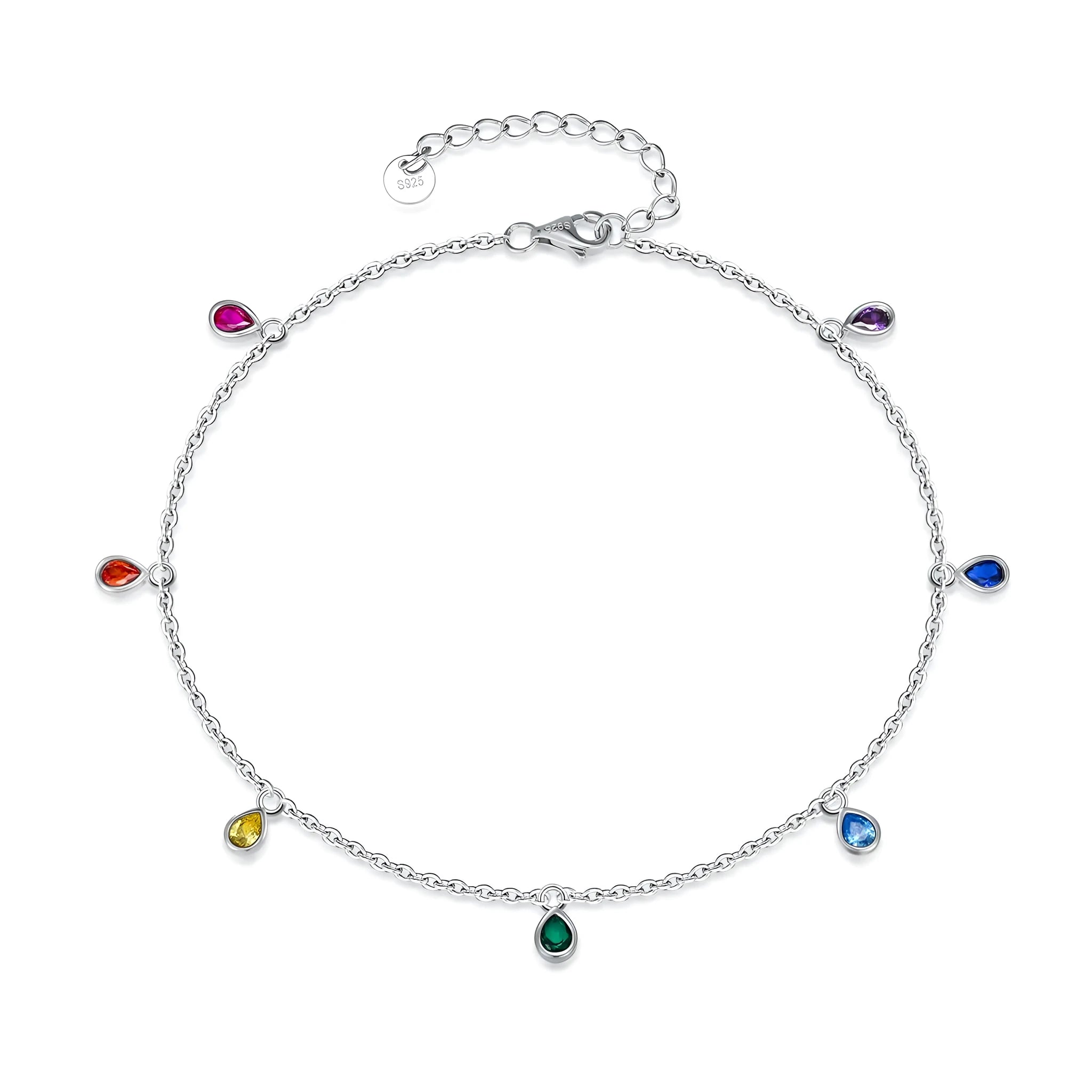 Sterling silver anklet with rainbow oval crystal stones on white gold plated 1.2mm cable chain