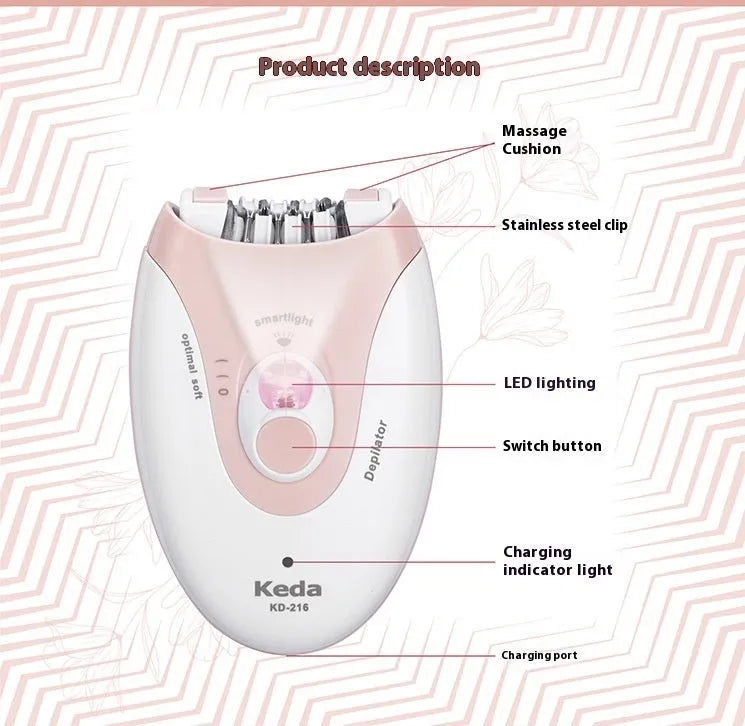 KEDA-216 coloured USB electric hair removal device with brush and charger