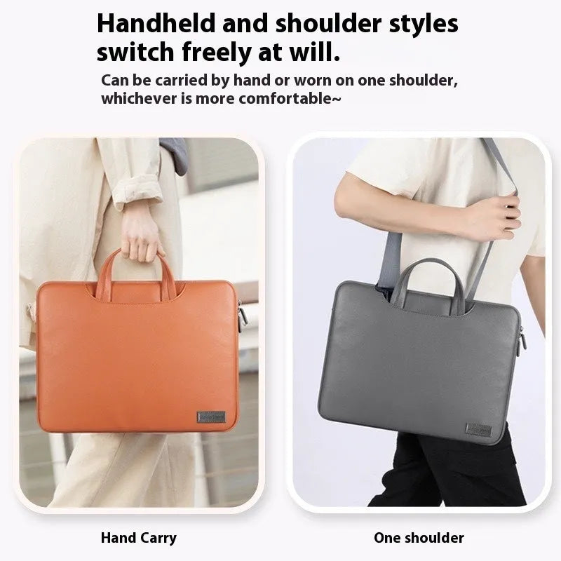 Black PU laptop organiser bag with integrated power bank, open to show compartment for a 13-16 inch notebook.