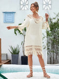 Apricot coloured hand-crocheted acrylic beach dress with polyester lining for women.