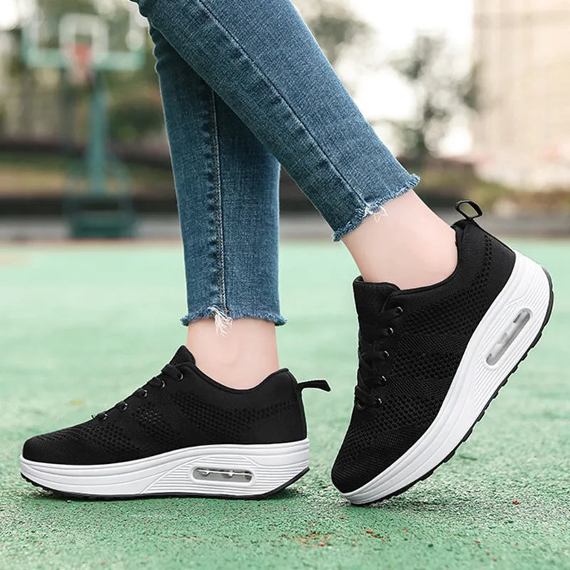Women's solid colour flyknit air cushion platform casual shoes with vulcanised sole