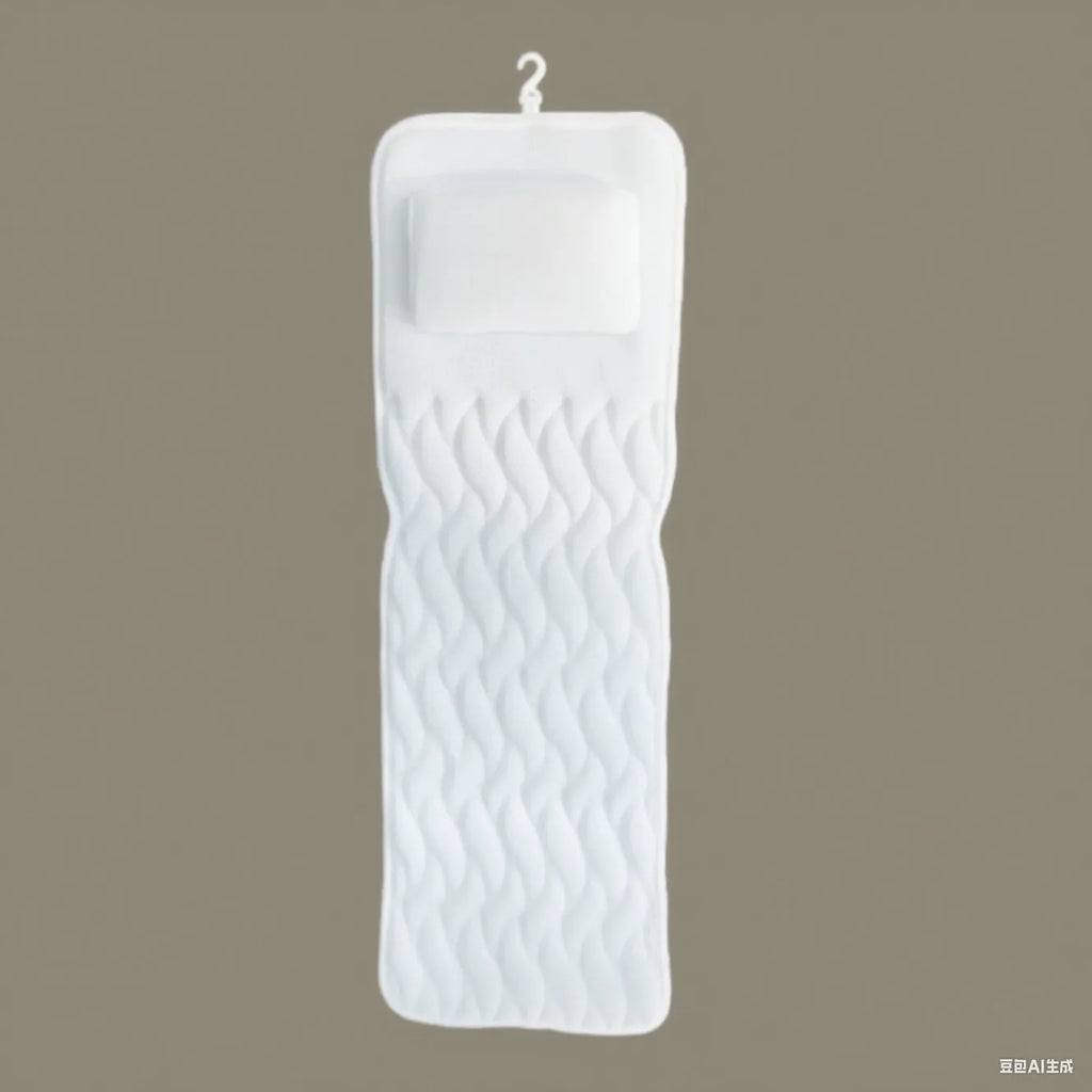 White bathtub pillow with suction cups on a 4D mesh surface.