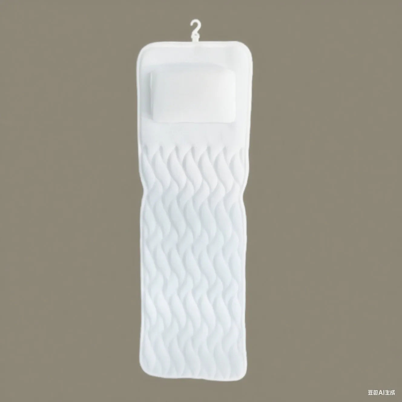 White bathtub pillow with suction cups on a 4D mesh surface.