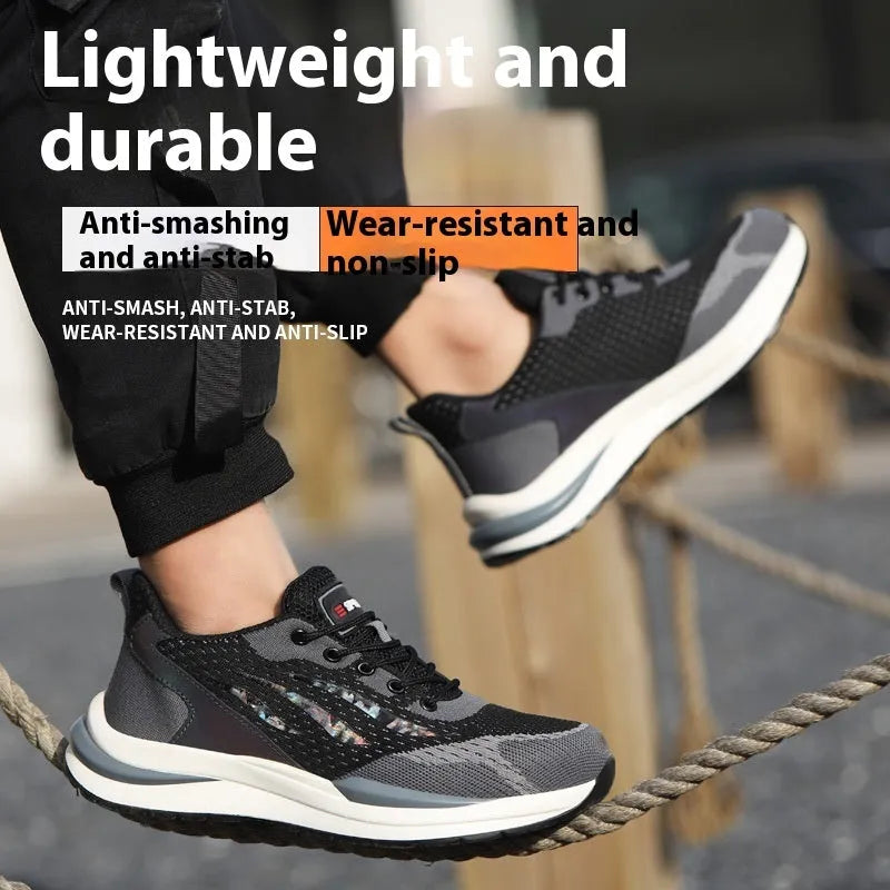 Men's black and grey low-top insulated safety shoes with plastic toe cap and lace-up closure.