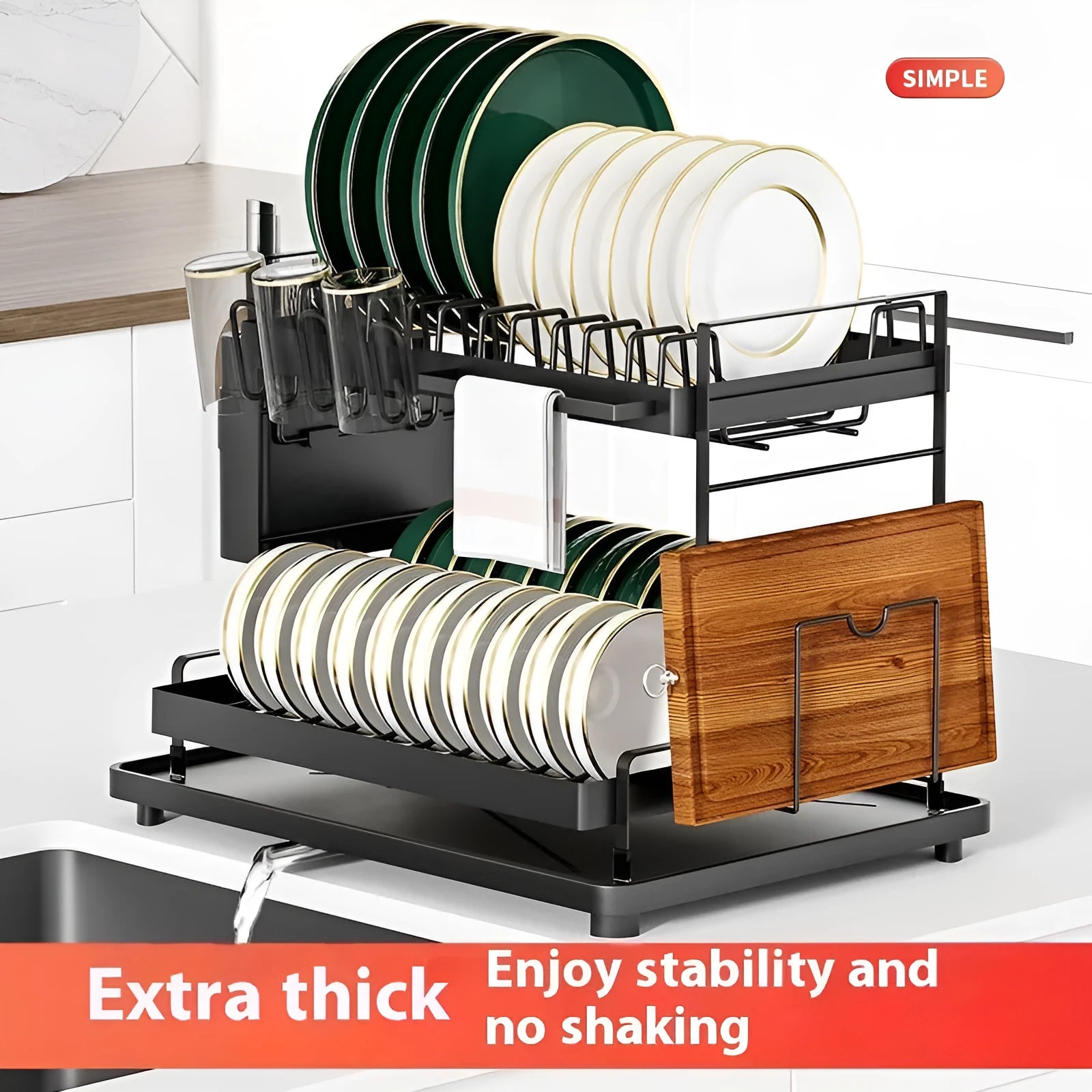 White double-layer kitchen storage rack with removable draining feature on a countertop.