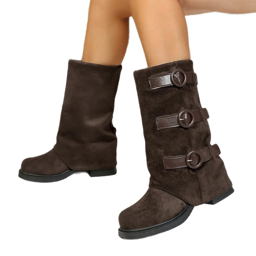 Vintage suede belt buckle pantyhose boots in black, mid heel 3-5cm, round toe, rubber sole