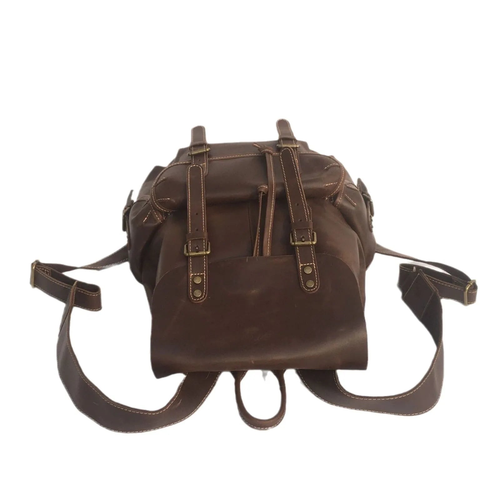 Brown genuine leather men's backpack with air pillow belt comfort system