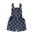 Baby toddler plaid denim suspender pants in navy blue with claw buckle closure on white background