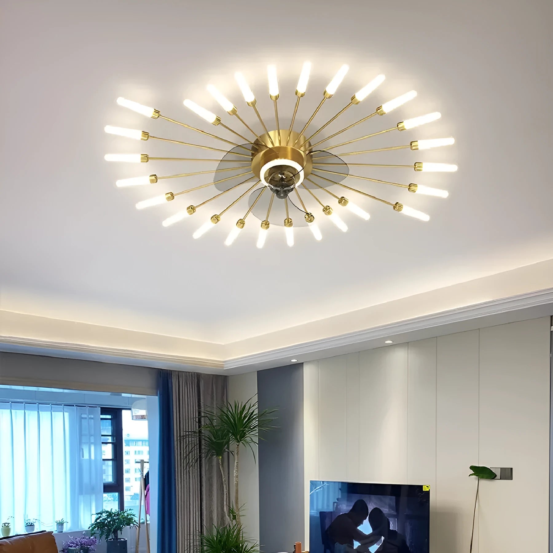 Modern aluminium ceiling fan light with remote control in black or gold finish