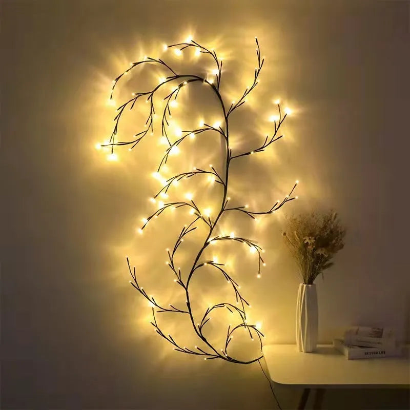 Flexible DIY willow vine Christmas garland with 144 warm white LED lights and birch bark texture.