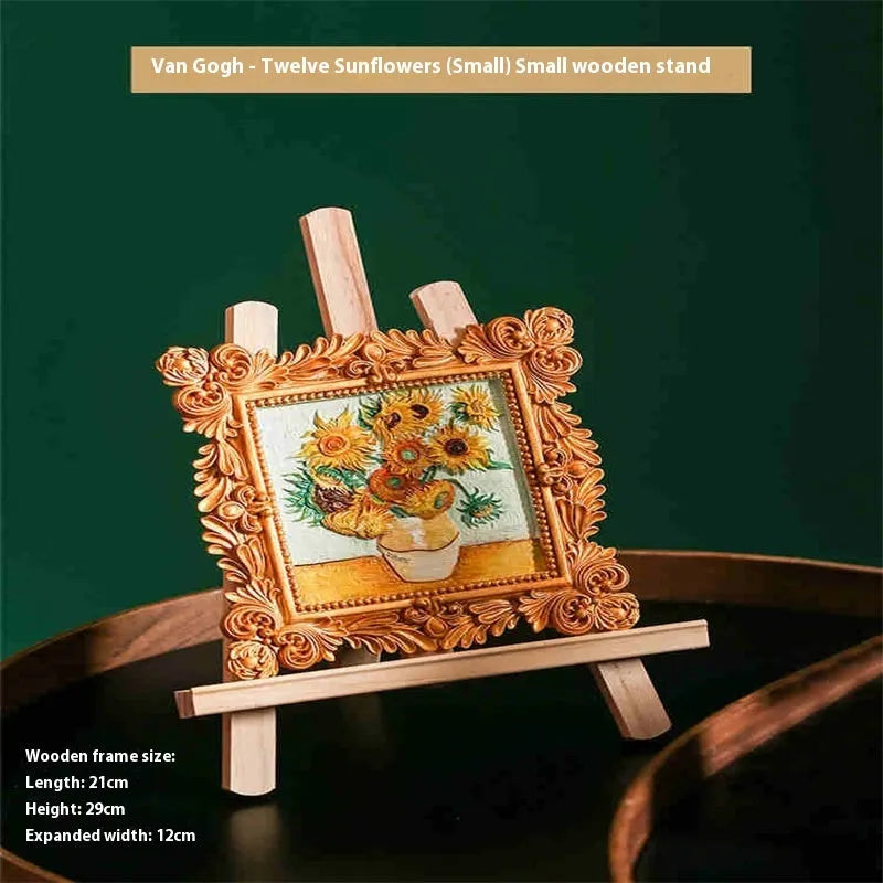DIY hand drawn oil painting kit showing epoxy pottery base, propylene paints, brushes, and a completed framed Van Gogh 'Starry Night' example.