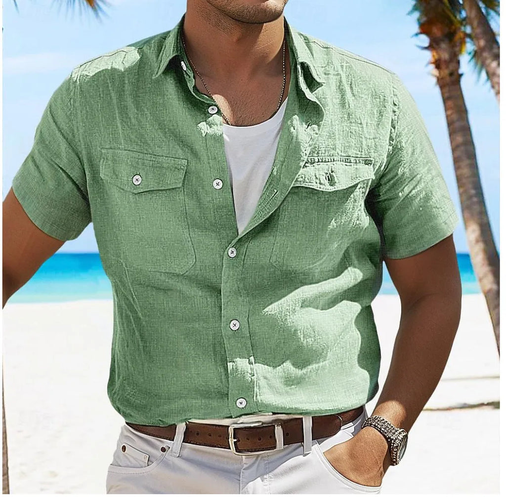 Men's loose fit cotton summer shirt with polo collar in solid colours grey green blue apricot
