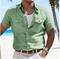 Men's loose fit cotton summer shirt with polo collar in solid colours grey green blue apricot