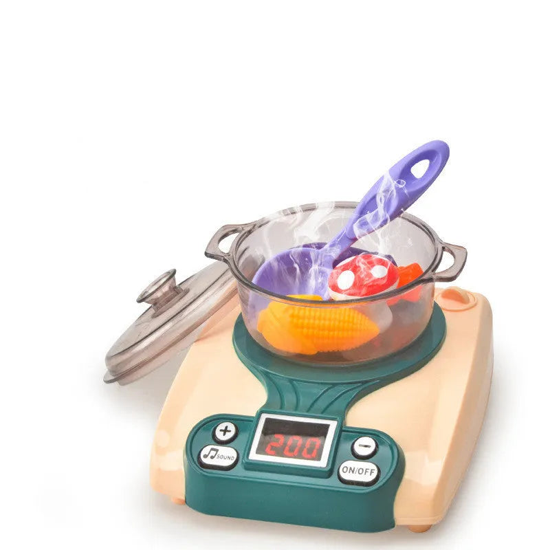 Blue plastic children's play house kitchen toy with simulated induction cooker for infants