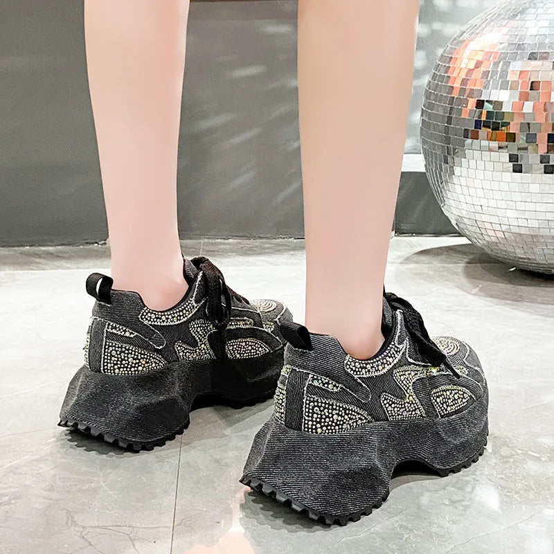 Blue white gradient denim high top platform sneakers with rhinestone embellishment, lace-up front, thick rubber sole