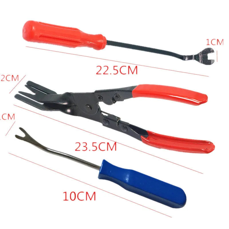 Red-handled steel automotive clip removal pliers for door panel fasteners.
