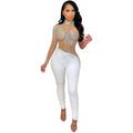 Transparent mesh milk silk one-shoulder jumpsuit with rhinestone stitching and diamond see-through details, tight fit, apricot colour
