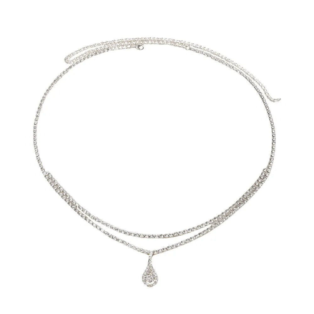 Gold and silver rhinestone waist chain for women with water drop pendant and lobster buckle.