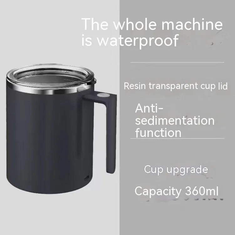 White automatic self-stirring coffee cup with magnetic base and power button.