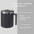 White automatic self-stirring coffee cup with magnetic base and power button.