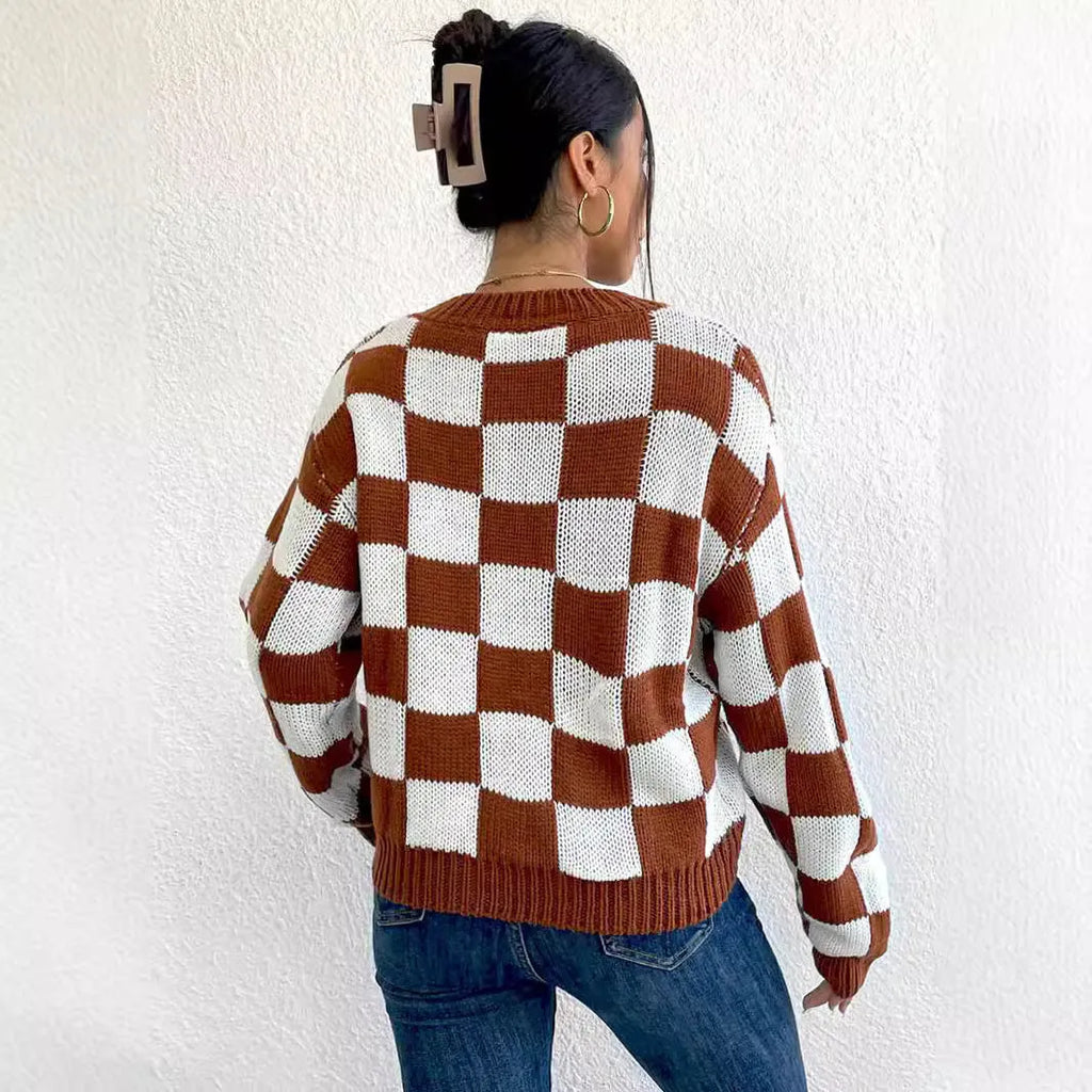 Dark brown acrylic pullover sweater with a chessboard plaid pattern, loose fit, and round neck.