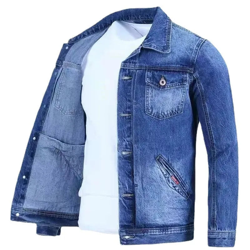 Korean slim fit denim workwear jacket in black gray with conventional sleeves and straight hem