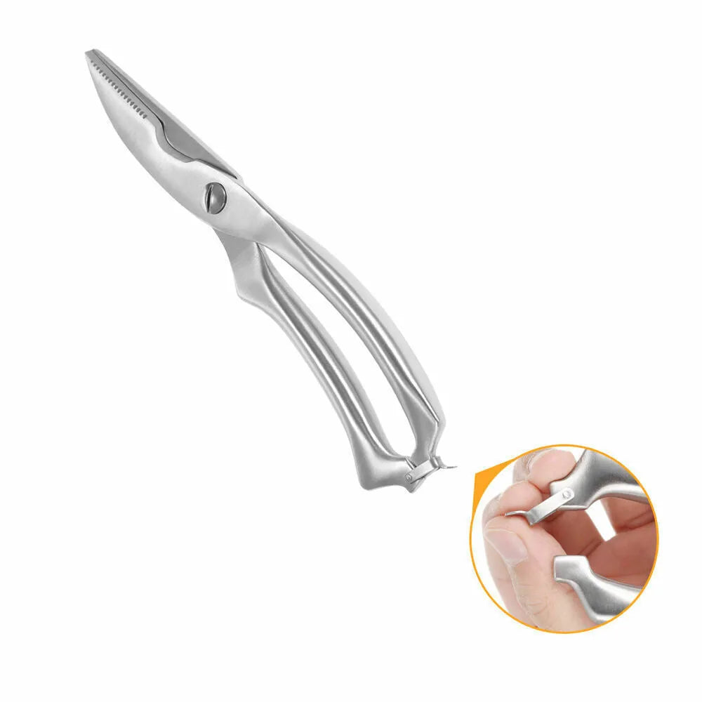 Silver stainless steel kitchen shears 25cm with serrated blade and ergonomic handle for cutting poultry bones