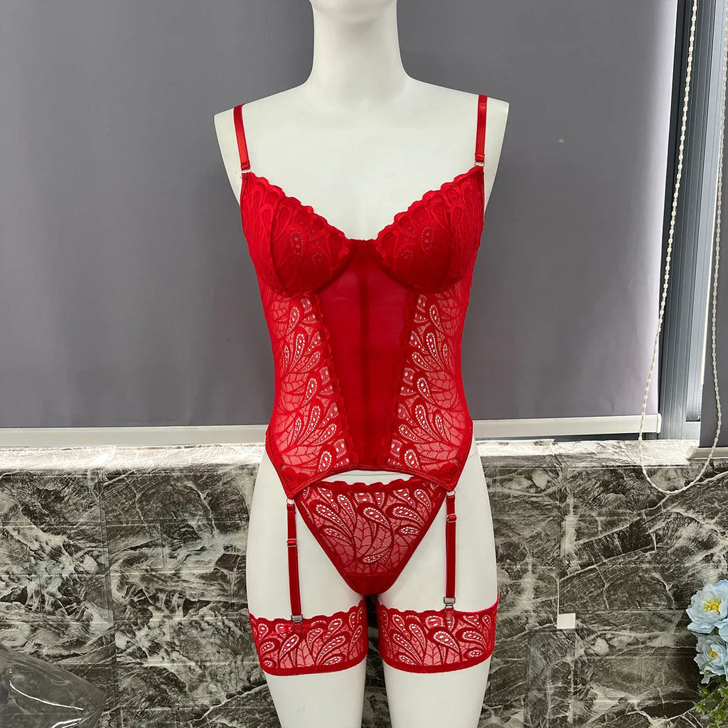 Red lace jumpsuit underwear set for women, shown as a one-piece bodysuit.